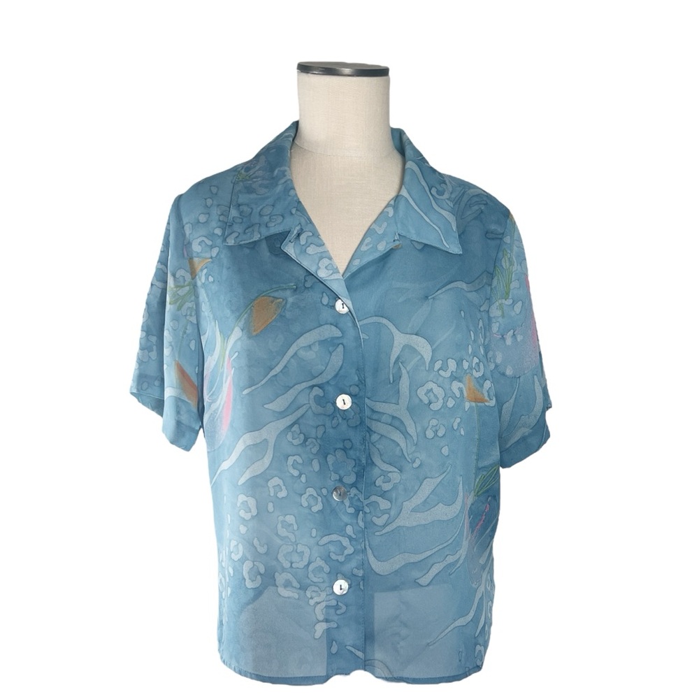Samantha Rae Blue Sheer Ocean Watercolor Button-Up Cropped Blouse Sz L EUC Sea‎